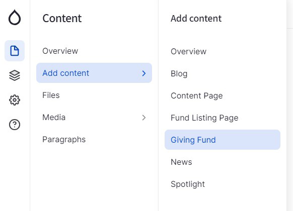 screenshot of admin menu with giving fund selected