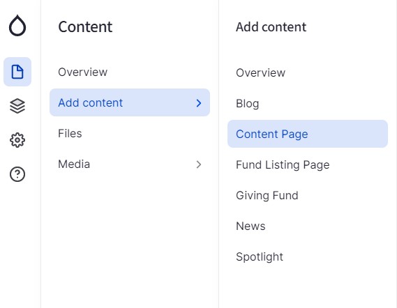 Screenshot of Add content menu with 'Add content' and 'Content page' highlighted