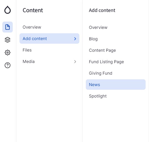 Screenshot of Add content menu with 'Add content' and 'News' highlighted